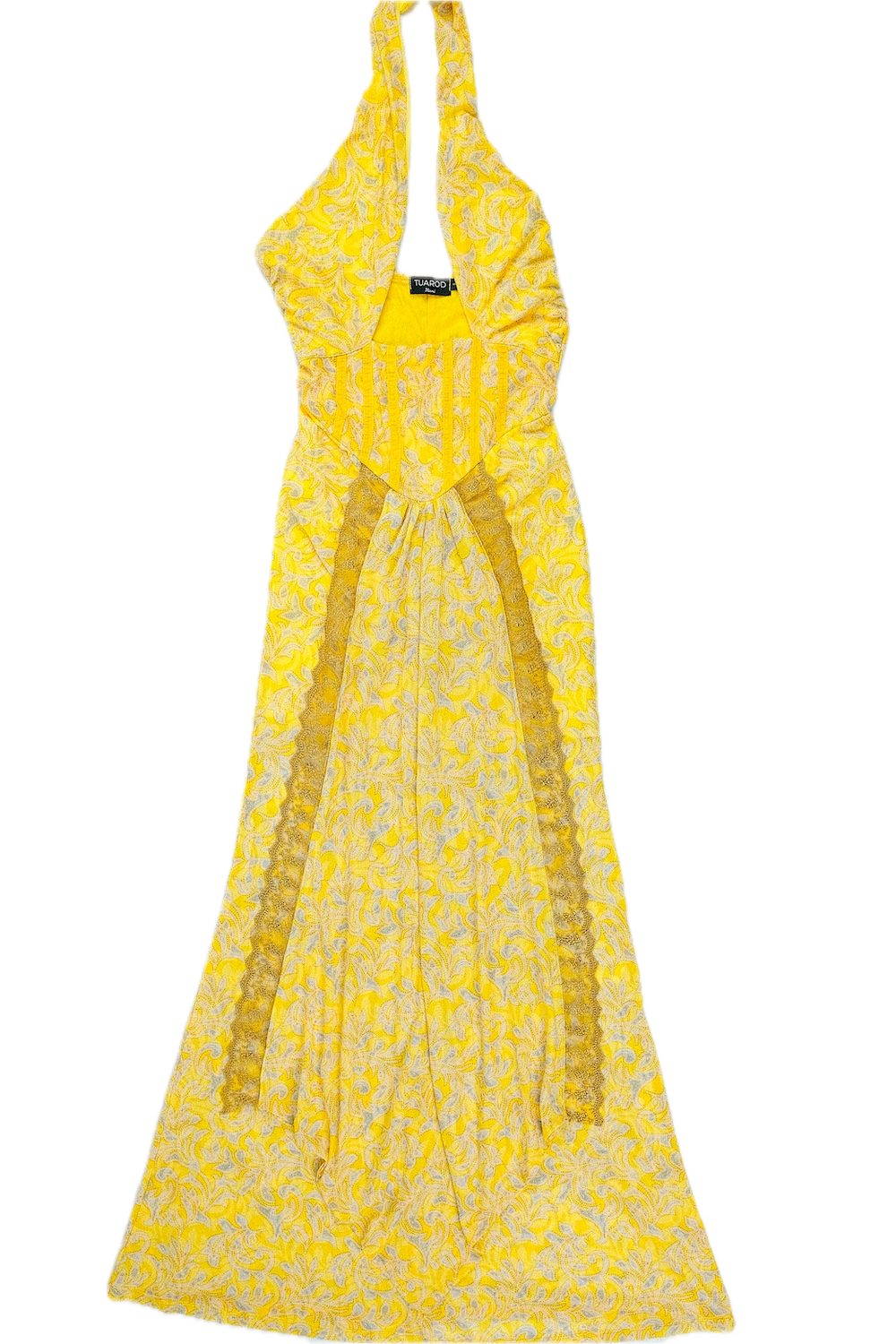 Vestido largo drapeado con corsé y detalle de encaje