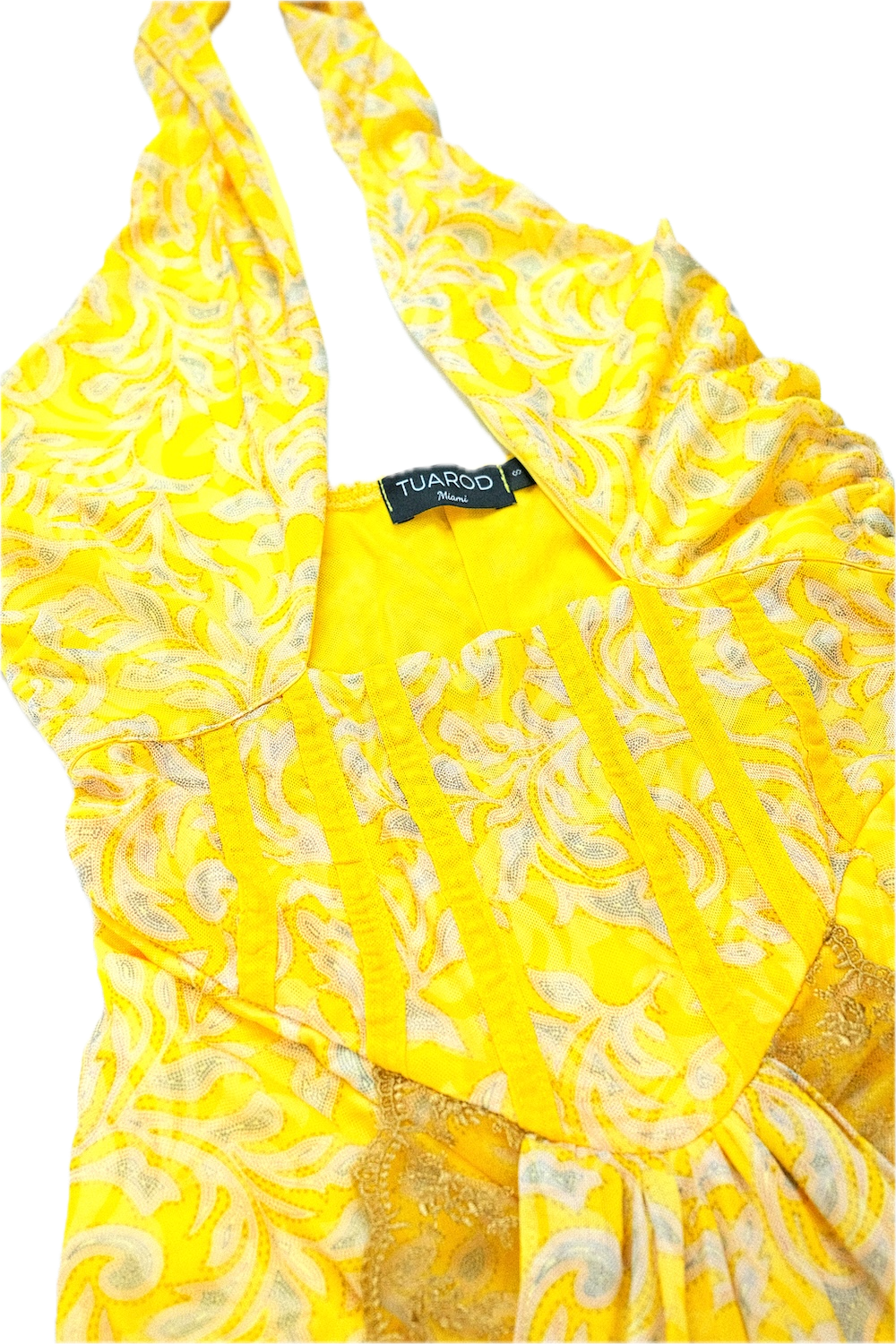 Vestido largo drapeado con corsé y detalle de encaje