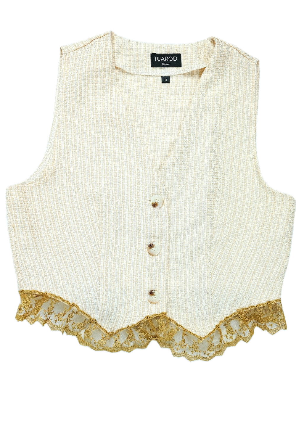 Conjunto de camiseta sin mangas y pantalón corto beige con detalle de encaje