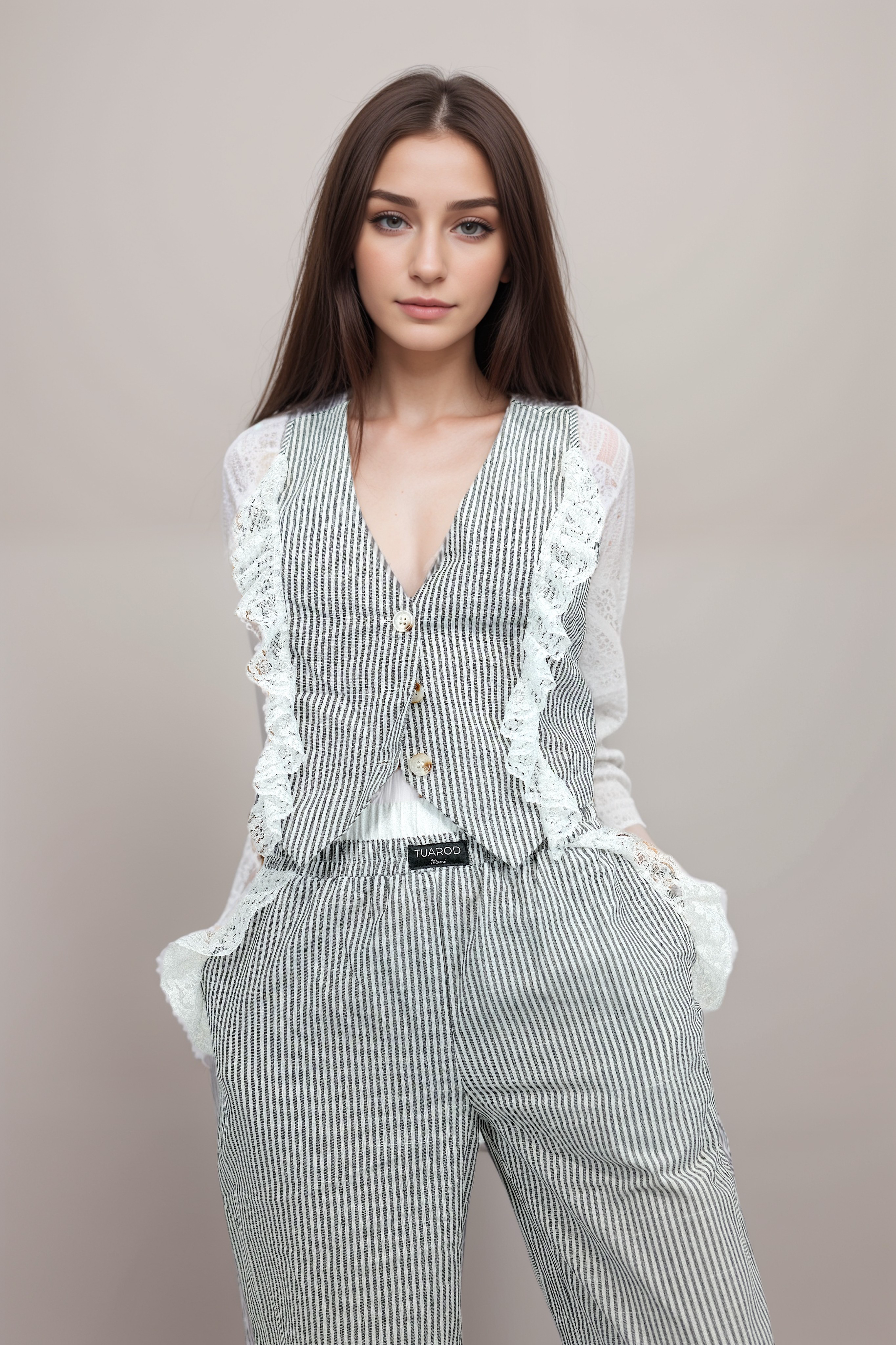 Conjunto de pantalón con bolsillos y blusa abotonada sin mangas a rayas grises con detalle de encaje