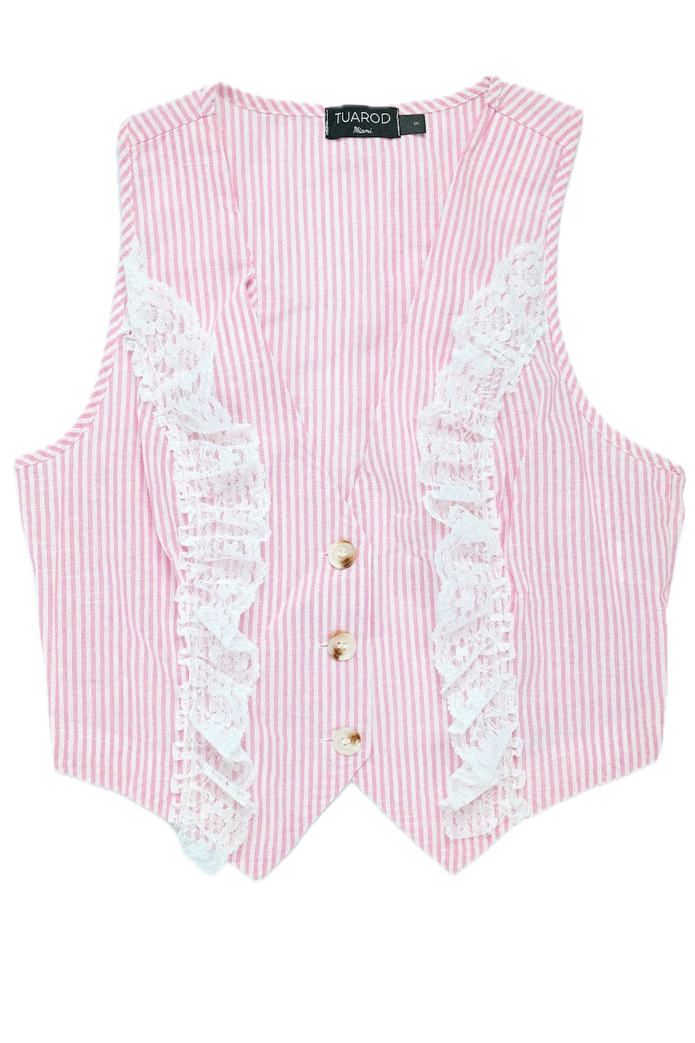 Conjunto de pantalón con bolsillos y blusa sin mangas con botones en la parte delantera a rayas rosas con detalle de encaje
