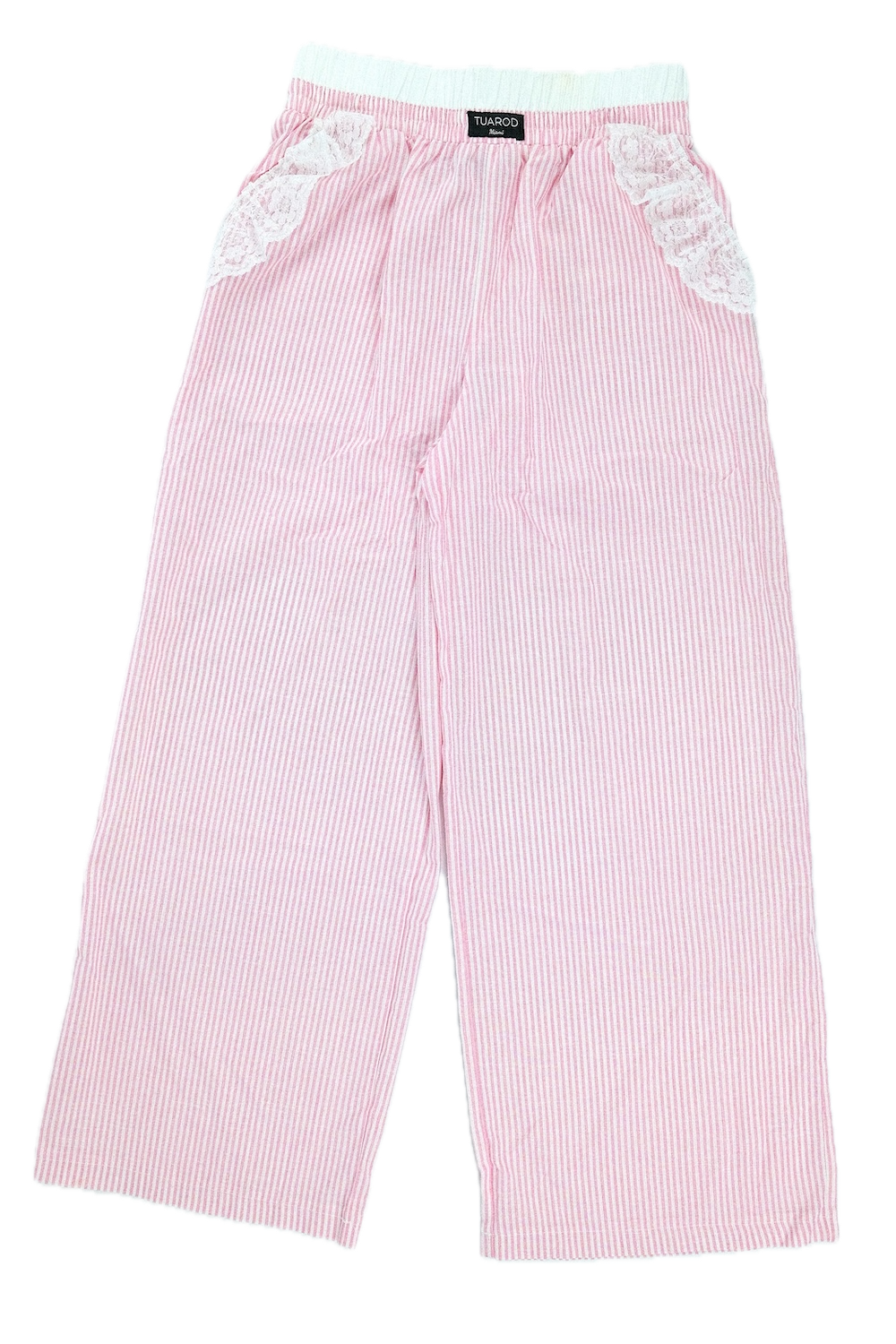 Conjunto de pantalón con bolsillos y blusa sin mangas con botones en la parte delantera a rayas rosas con detalle de encaje