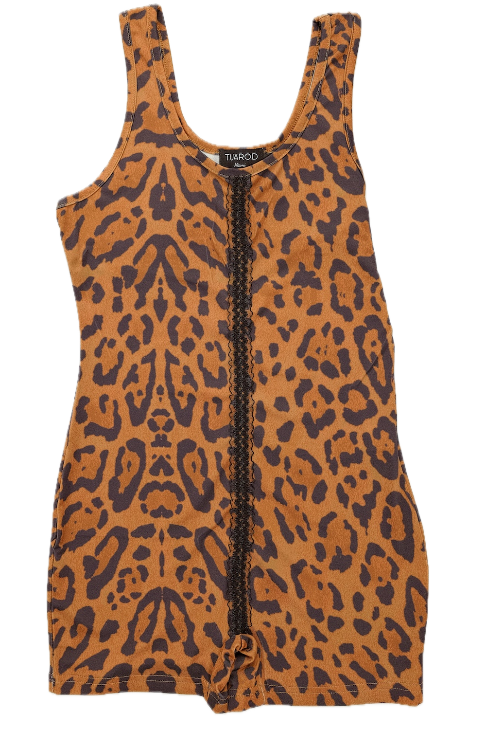 Mono corto de punto con estampado de leopardo marrón y ribete central negro