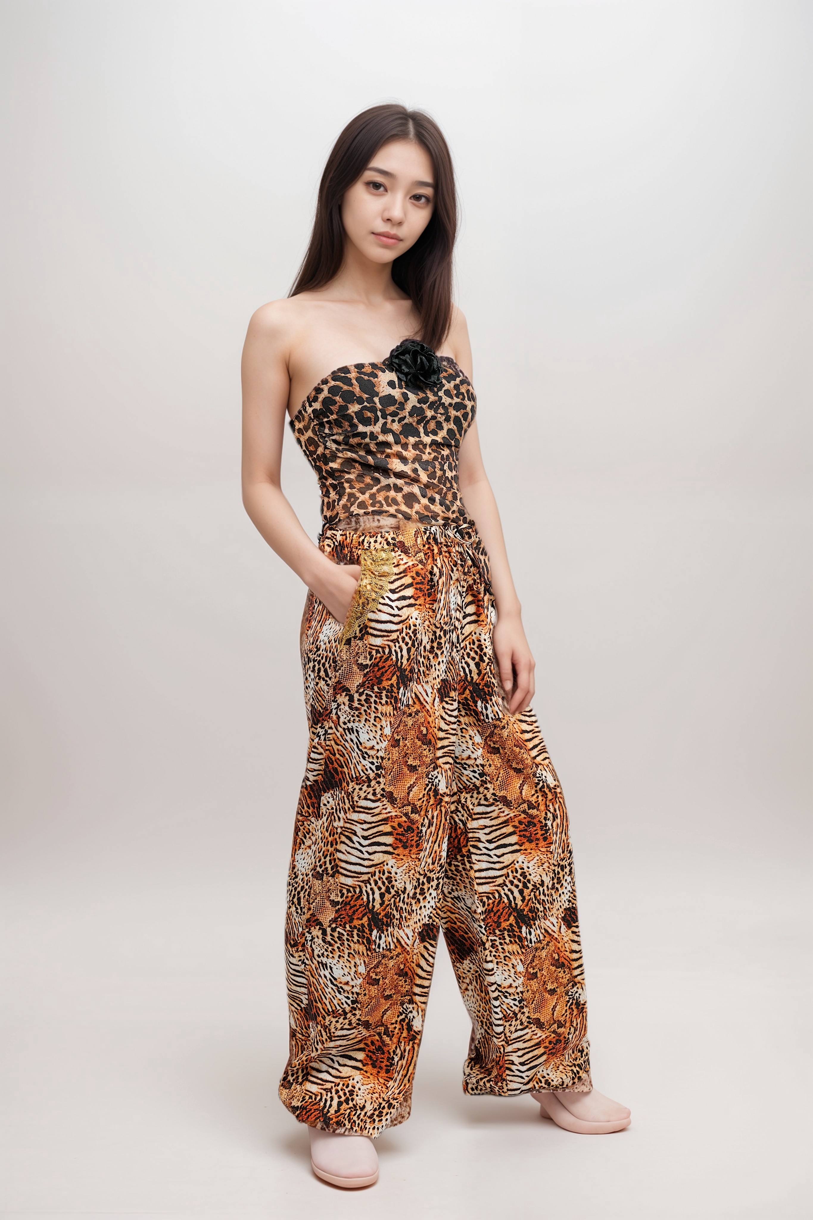 Pantalones anchos de terciopelo con estampado de leopardo y detalle de encaje