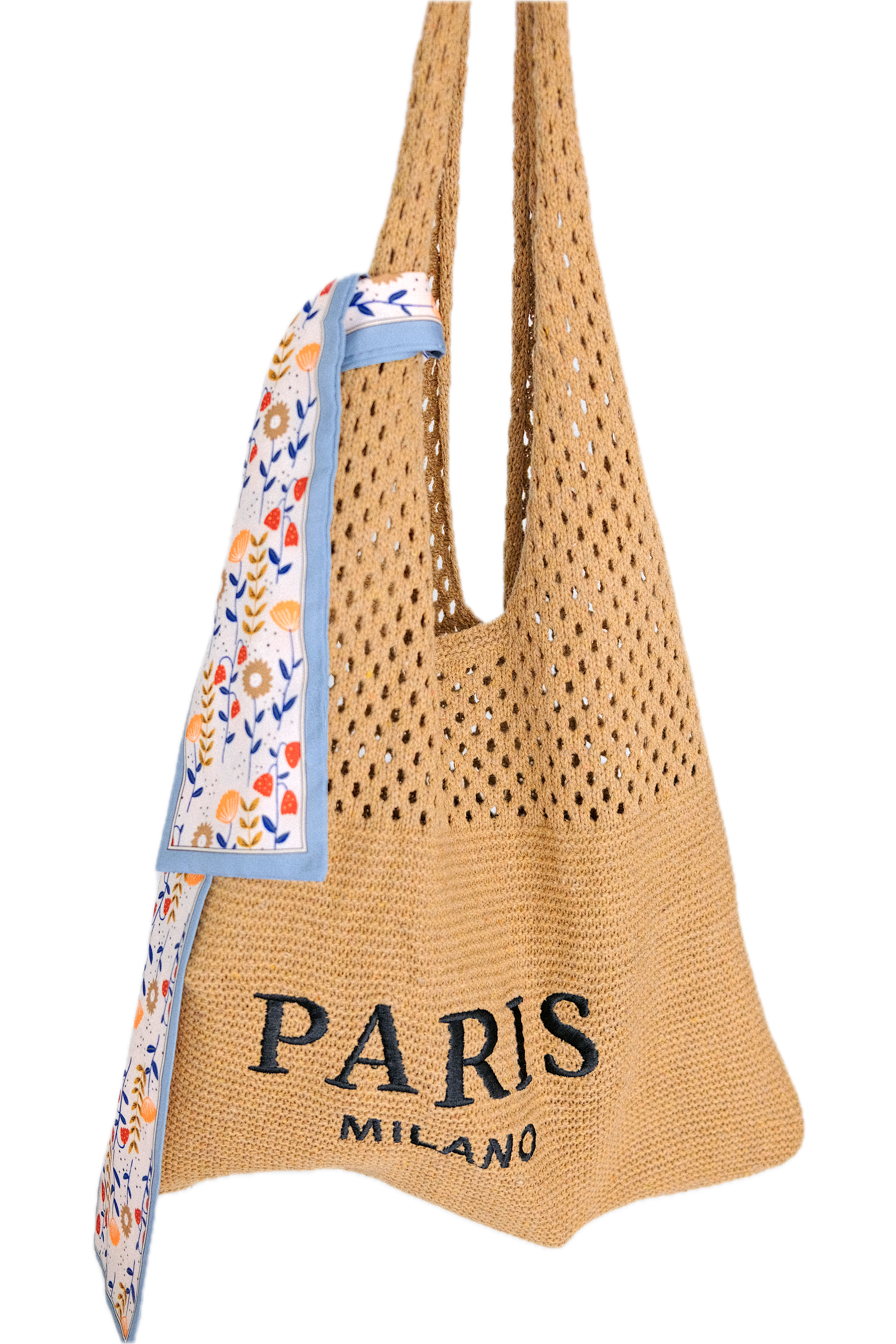 Bolso de mano de crochet con texto bordado y detalle floral