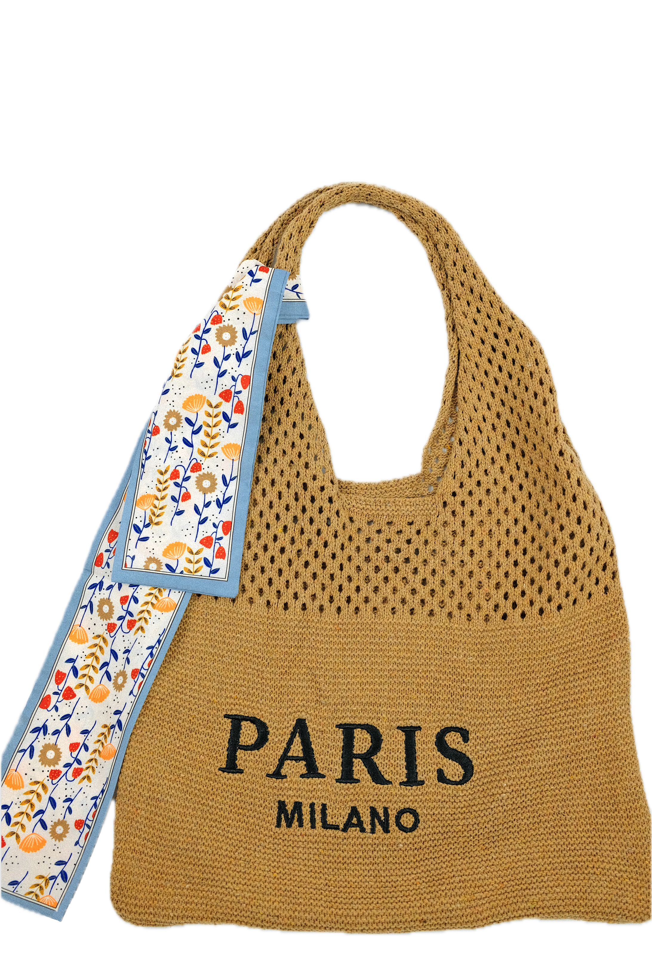 Bolso de mano de crochet con texto bordado y detalle floral