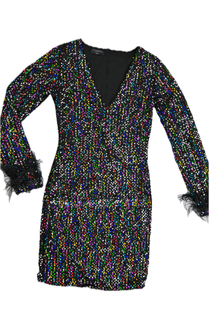 Vestido de Fiesta Negro con Purpurina Multicolor y Plumas Manga Larga