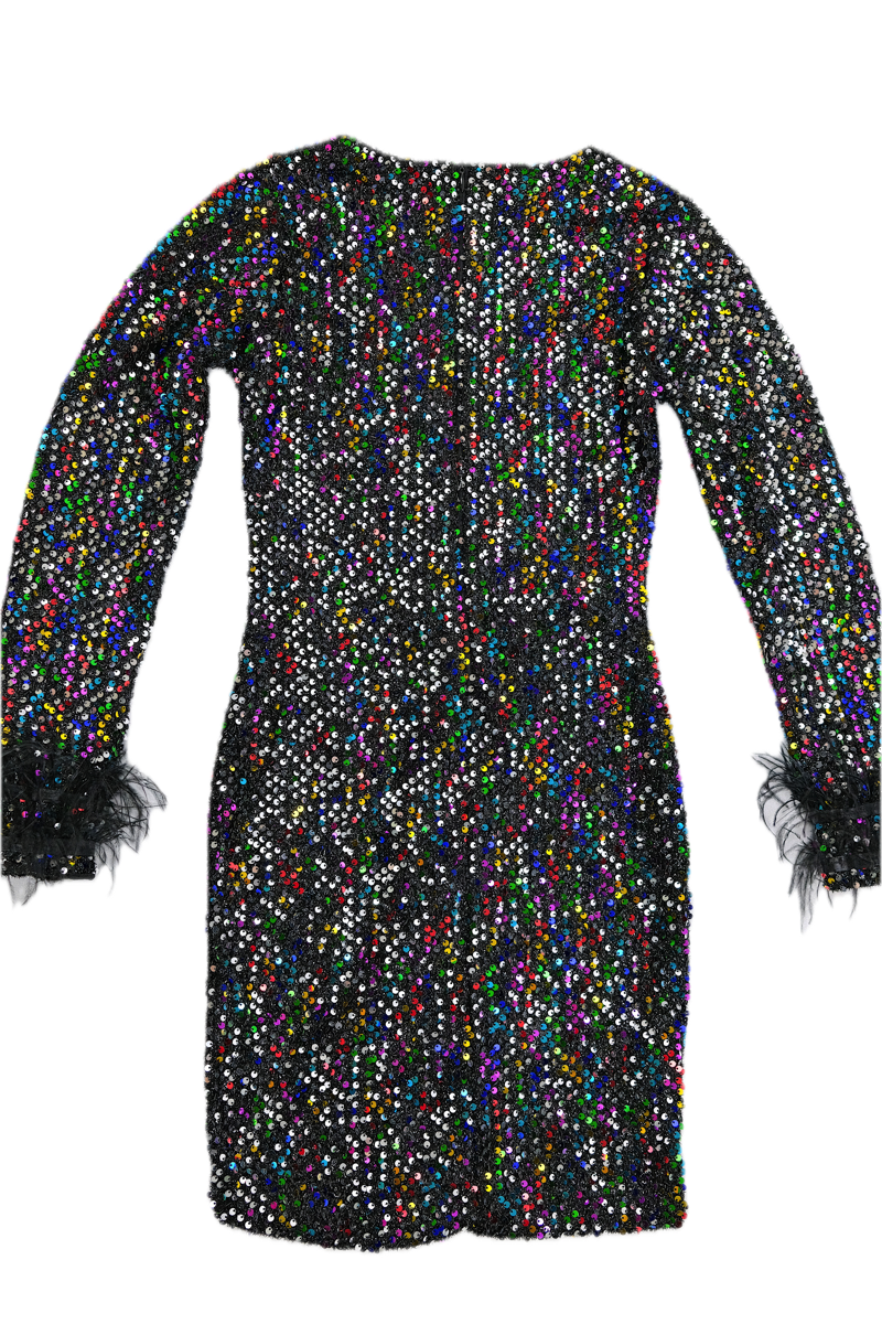 Vestido de Fiesta Negro con Purpurina Multicolor y Plumas Manga Larga