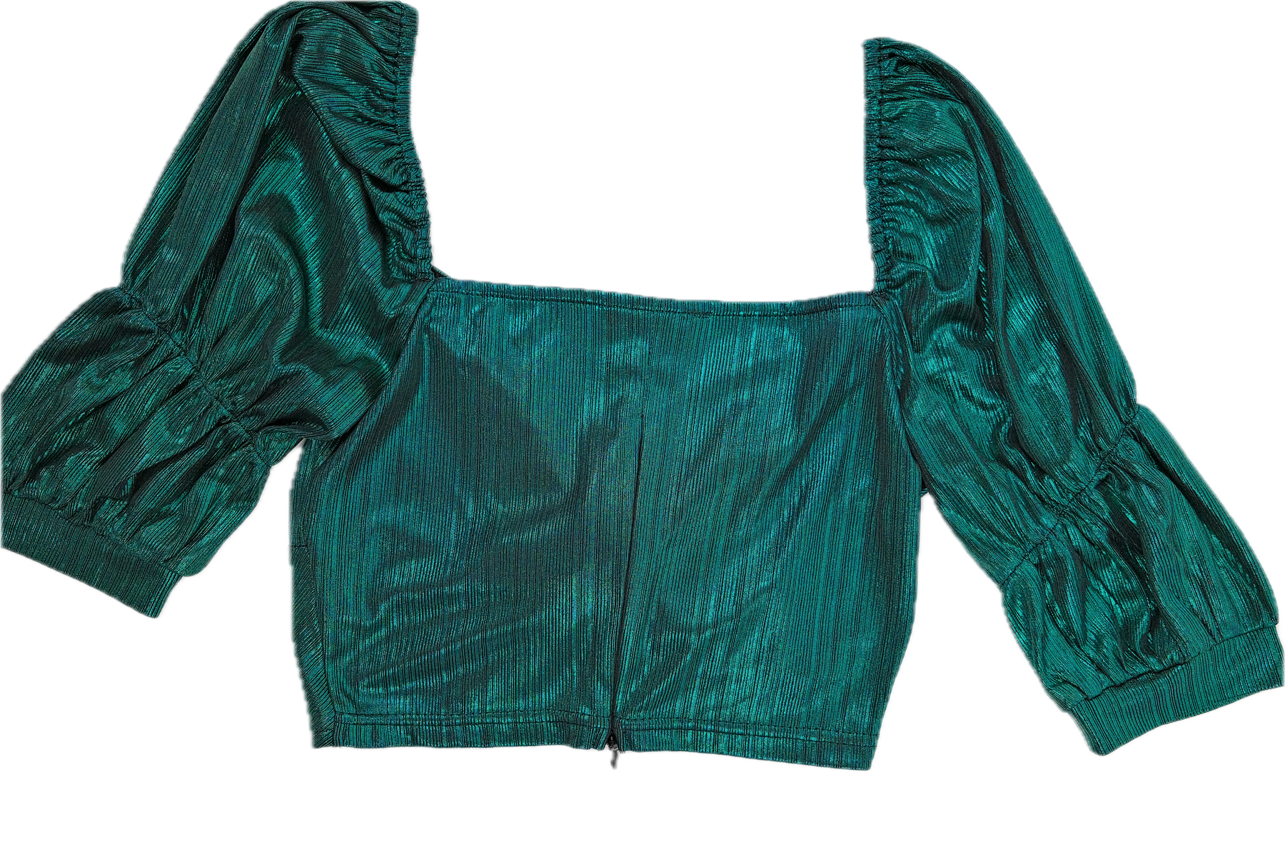 Top verde brillante de fiesta con escote torcido y mangas cortas con cremallera en la espalda