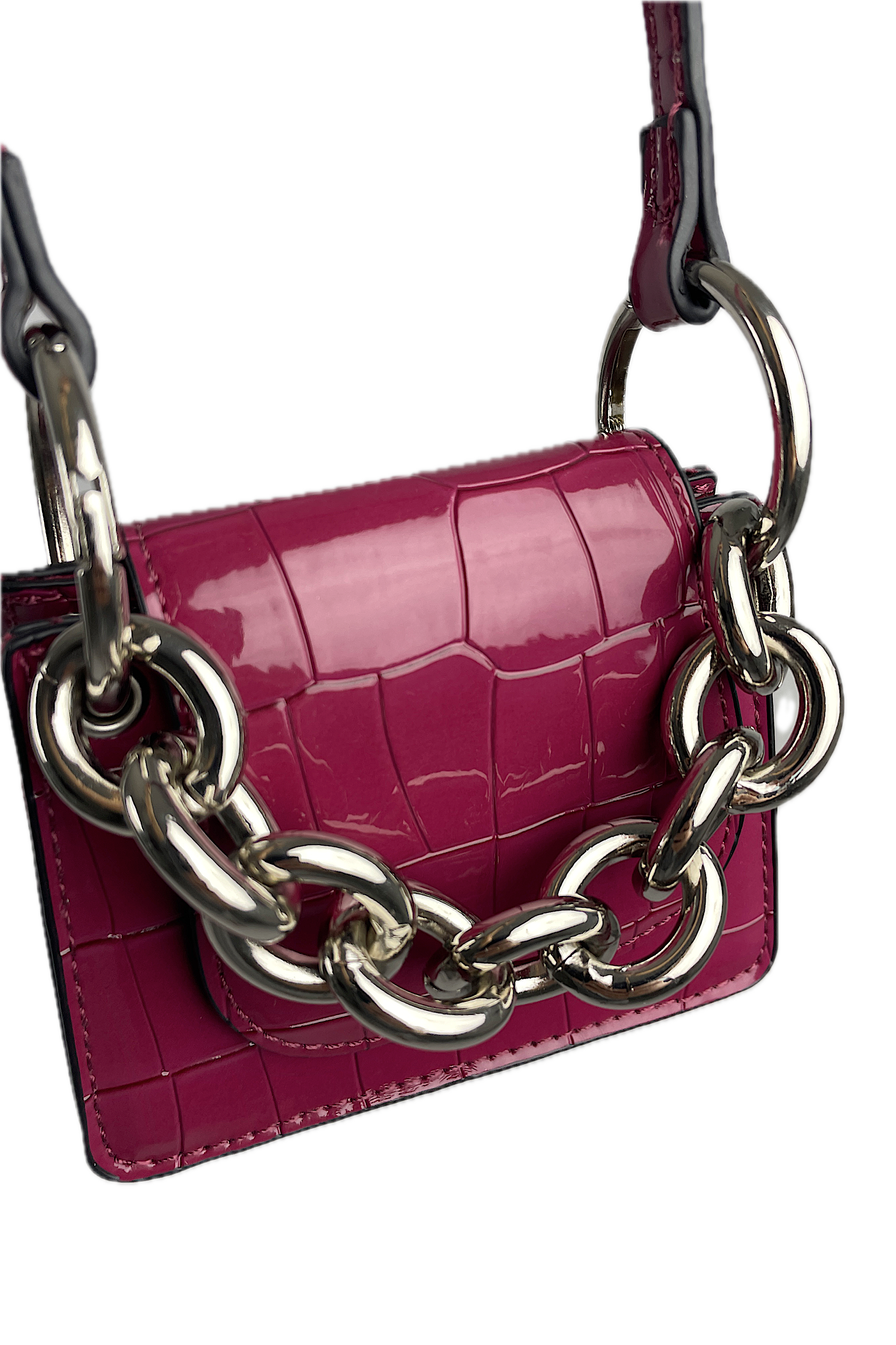 Bolso de mujer burdeos con cadena de mano y correa de hombro con relieve de cocodrilo