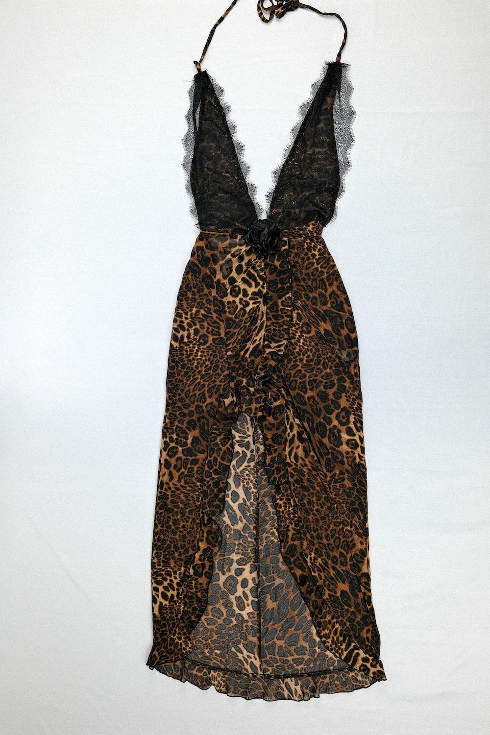 Lace Spliced Leopard Neck Slit Dress with Rose Detail