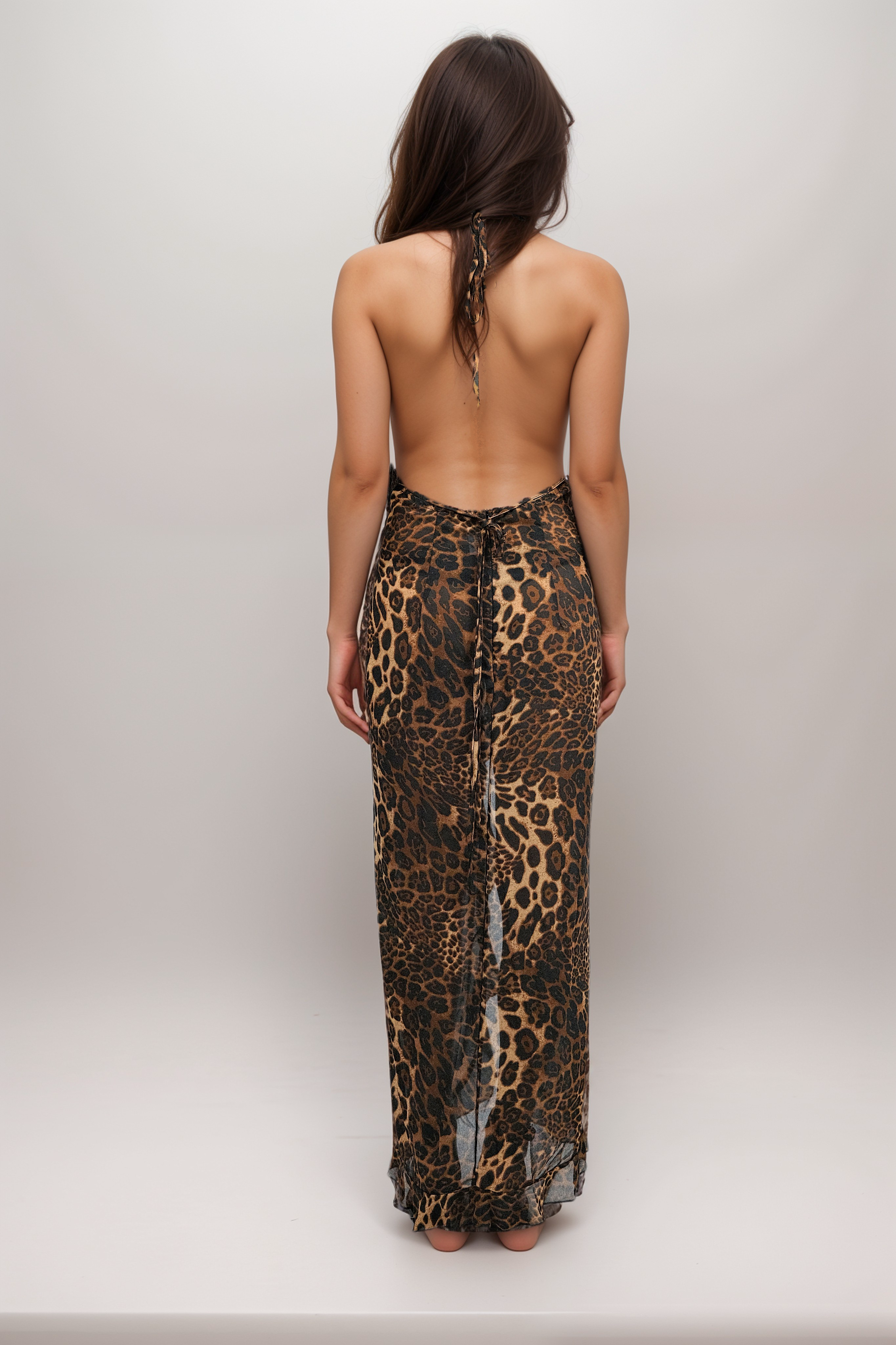 Lace Spliced Leopard Neck Slit Dress with Rose Detail