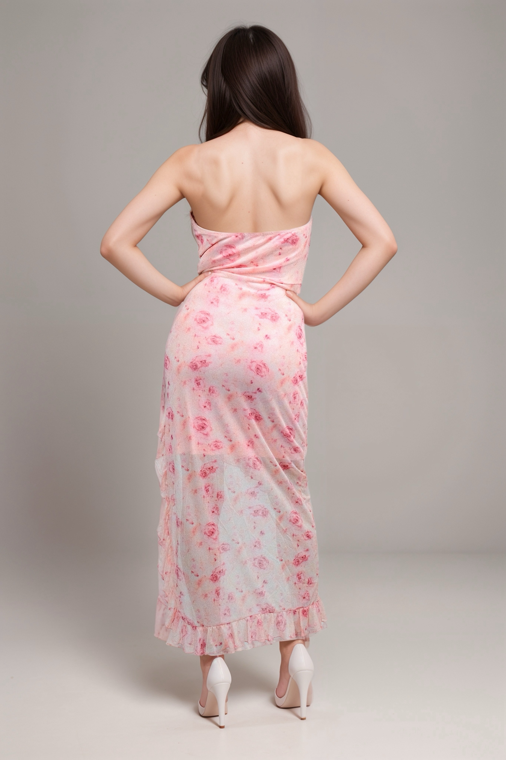 Romantic Floral Ruffled Strapless Dress with Rose Detail