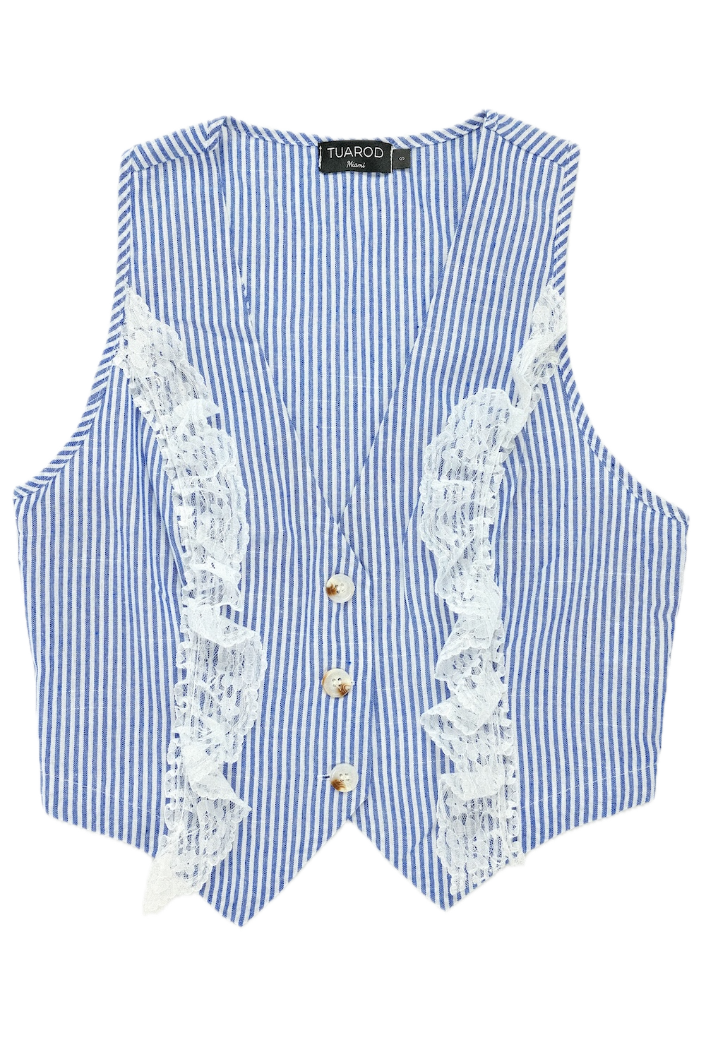 Blue Striped Sleeveless Button Front Top and Pocket Pants Set with Lace Detail