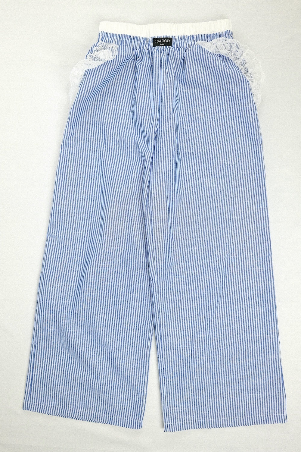 Blue Striped Sleeveless Button Front Top and Pocket Pants Set with Lace Detail