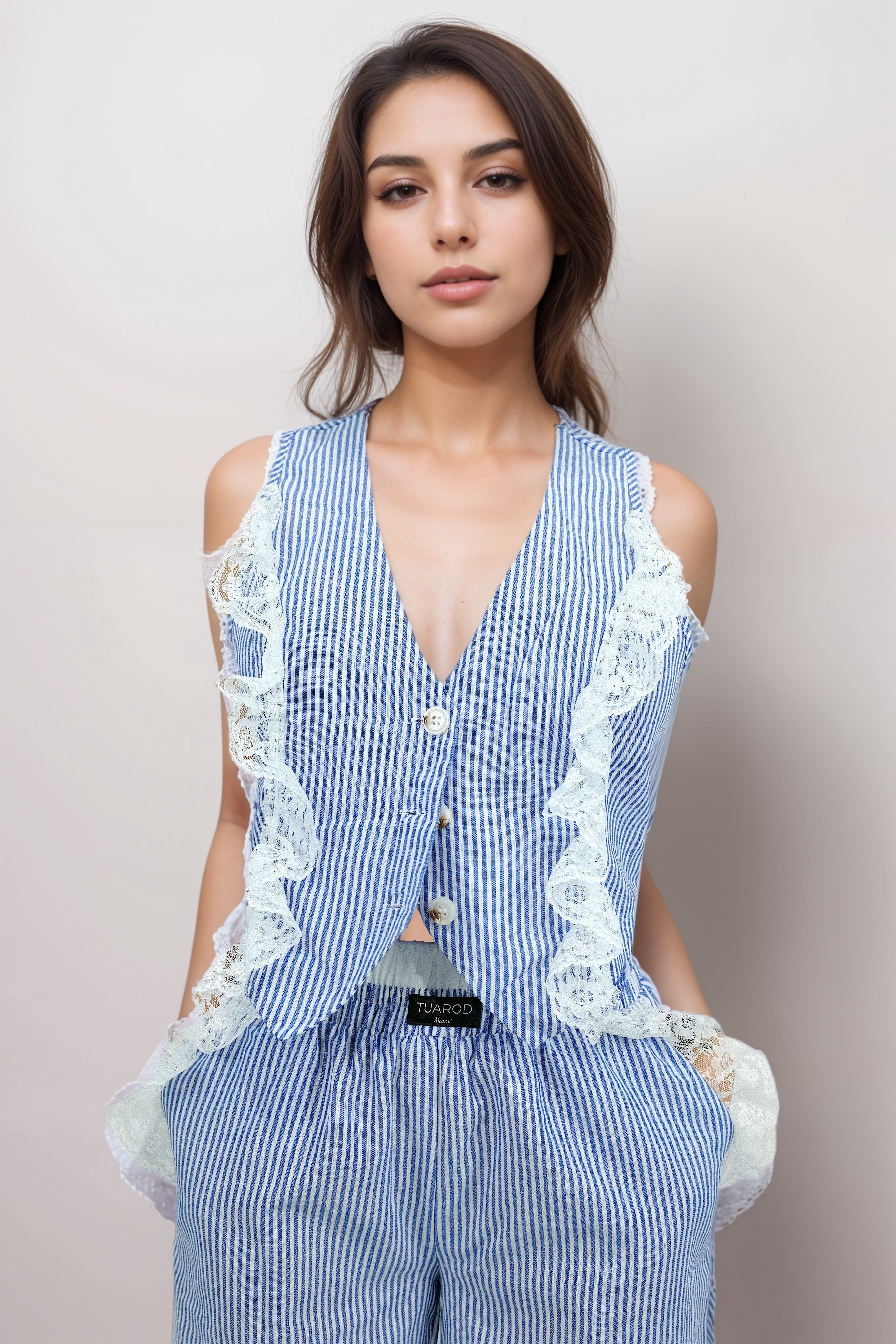 Blue Striped Sleeveless Button Front Top and Pocket Pants Set with Lace Detail