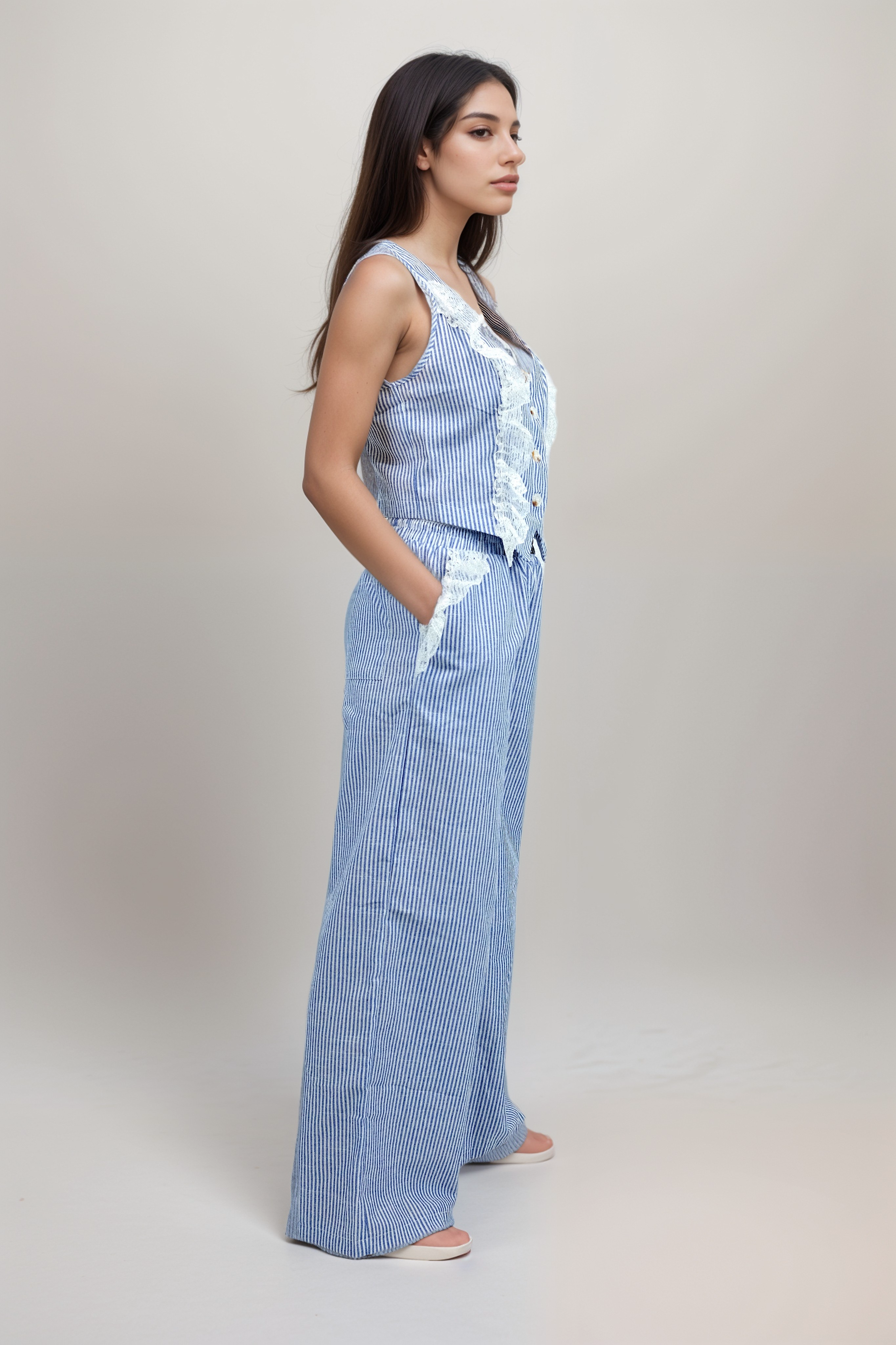 Blue Striped Sleeveless Button Front Top and Pocket Pants Set with Lace Detail