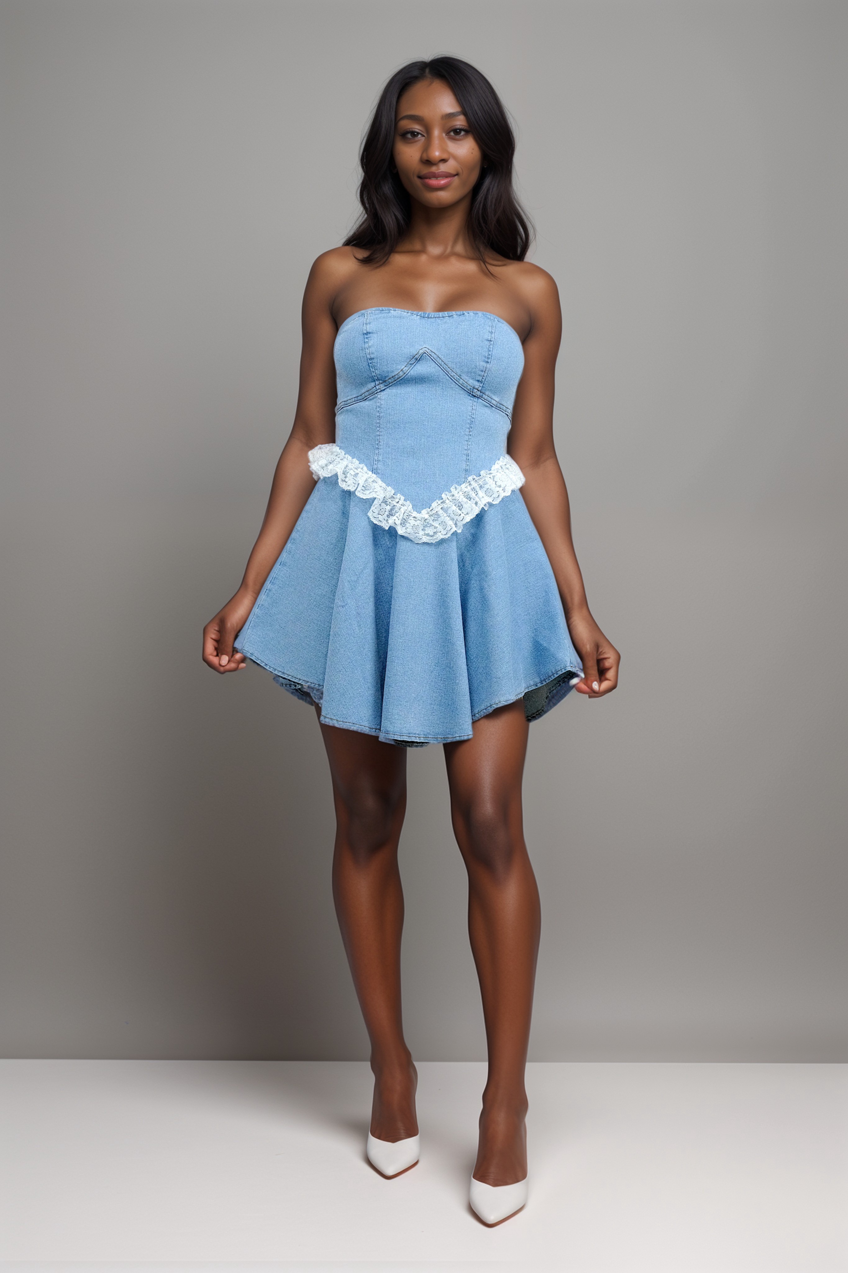 Casual Short Denim Tube Dress with Lace Detail