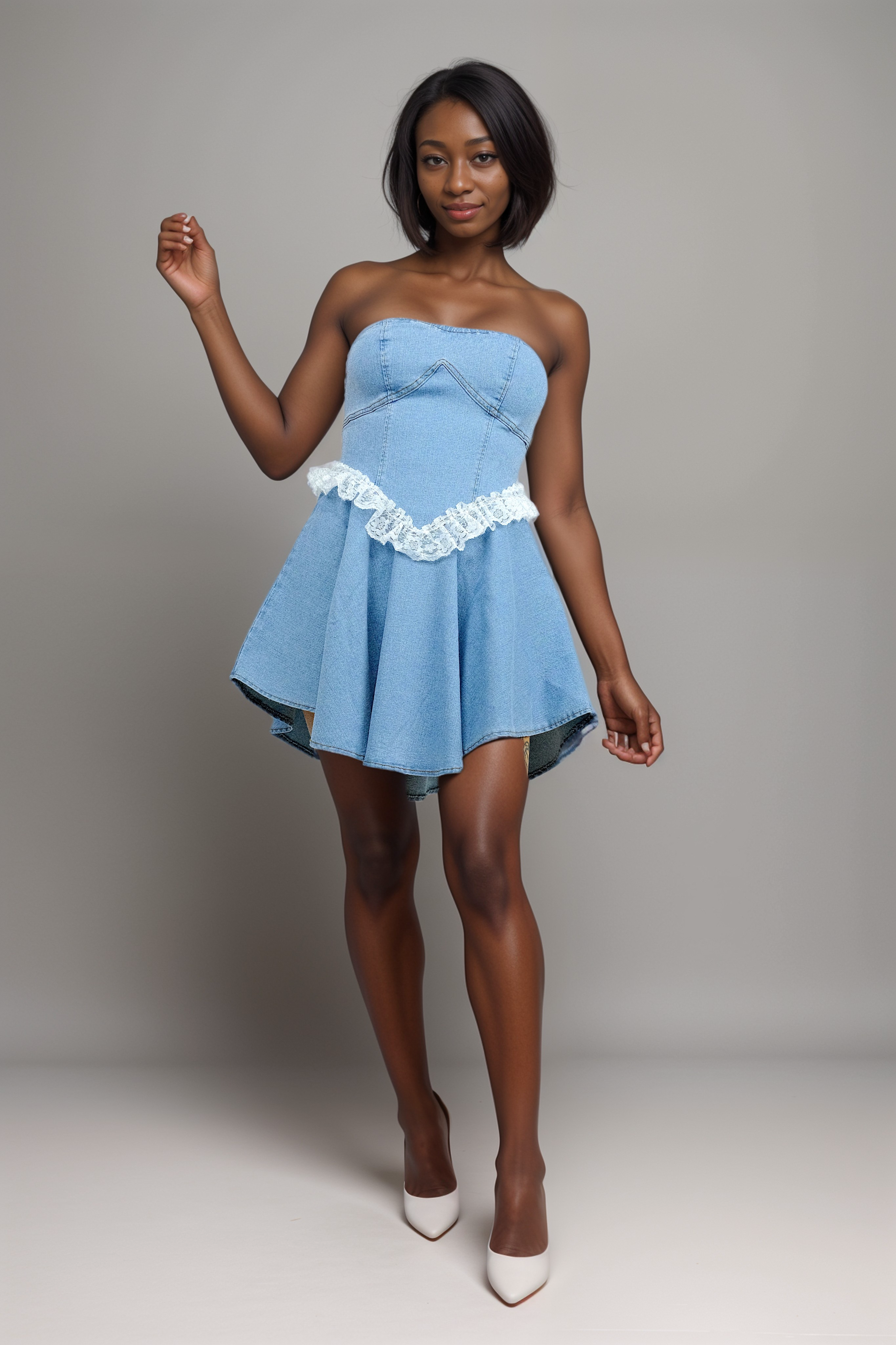 Casual Short Denim Tube Dress with Lace Detail