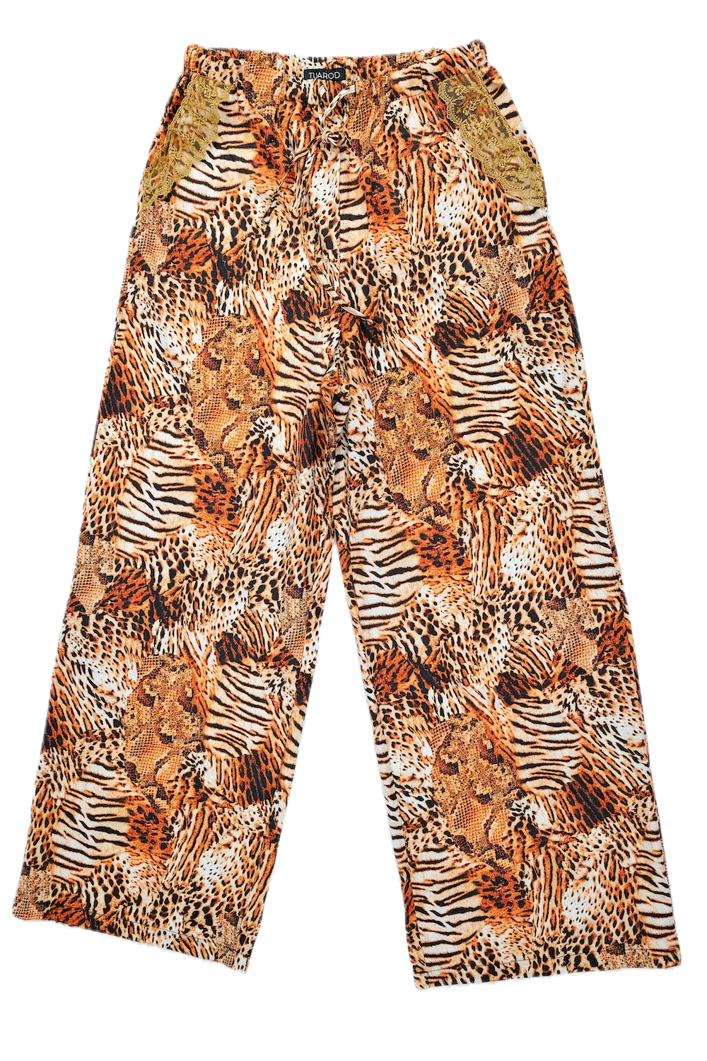 Pantalones anchos de terciopelo con estampado de leopardo y detalle de encaje