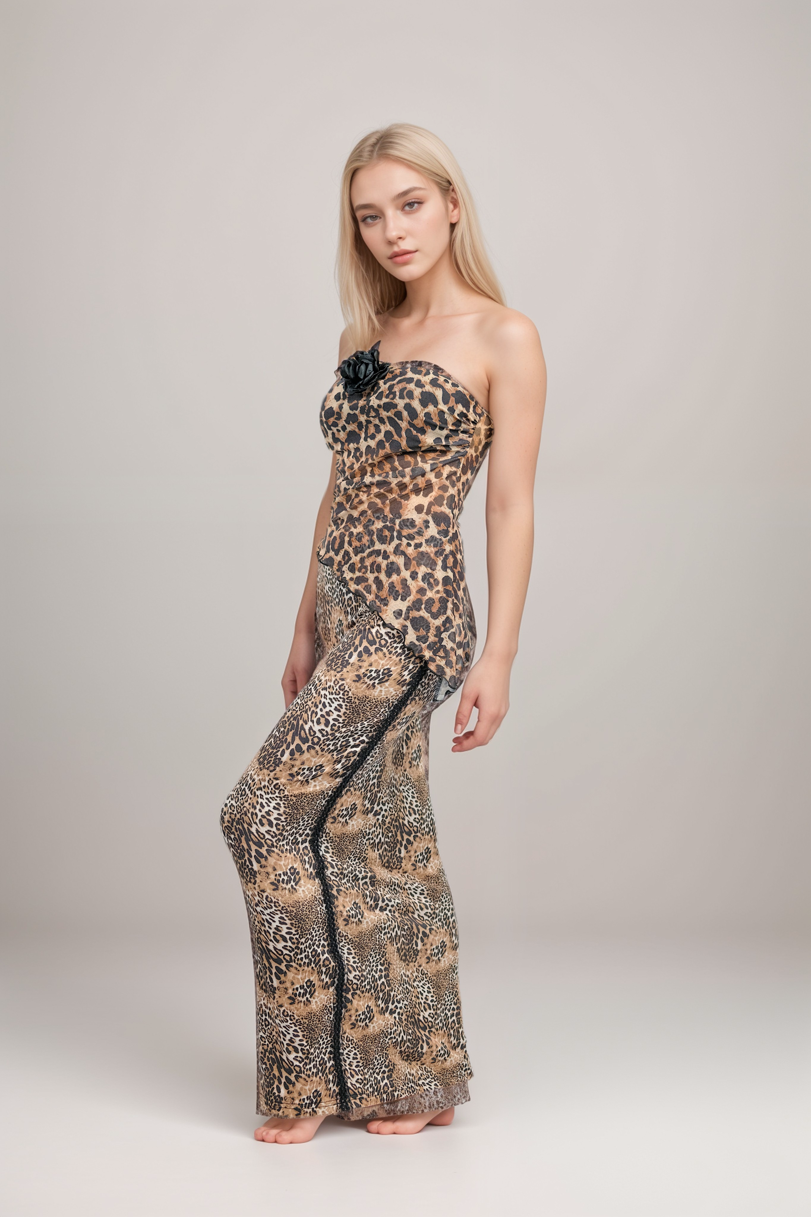 Leopard Straight Skirt with Black Side Trims