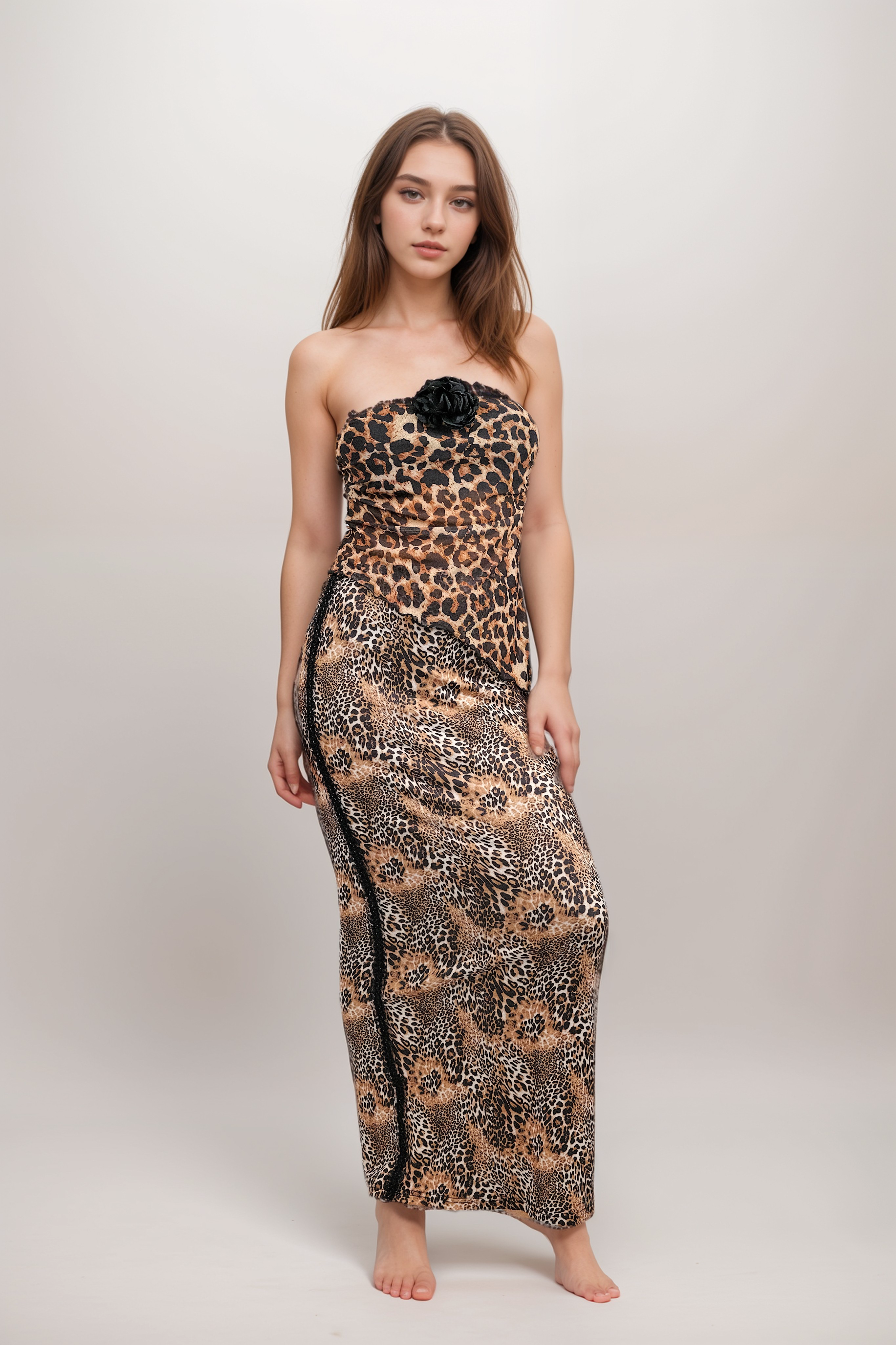 Leopard Straight Skirt with Black Side Trims