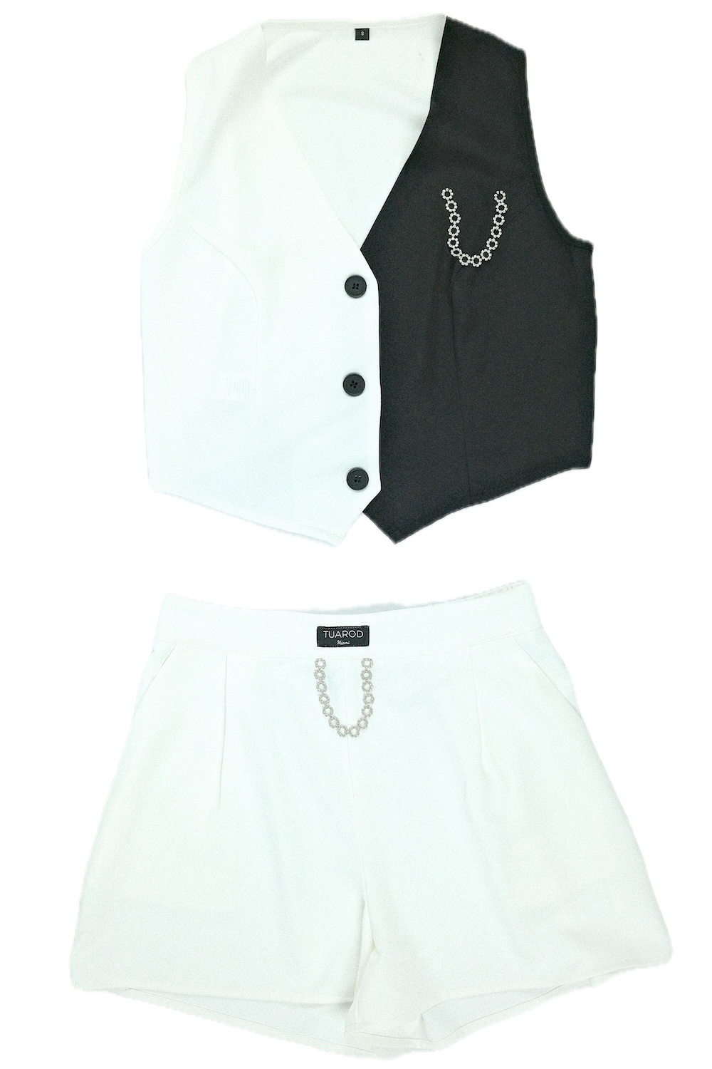 Black&White Block Vest and Shorts Outfit with Rhinestone Detail