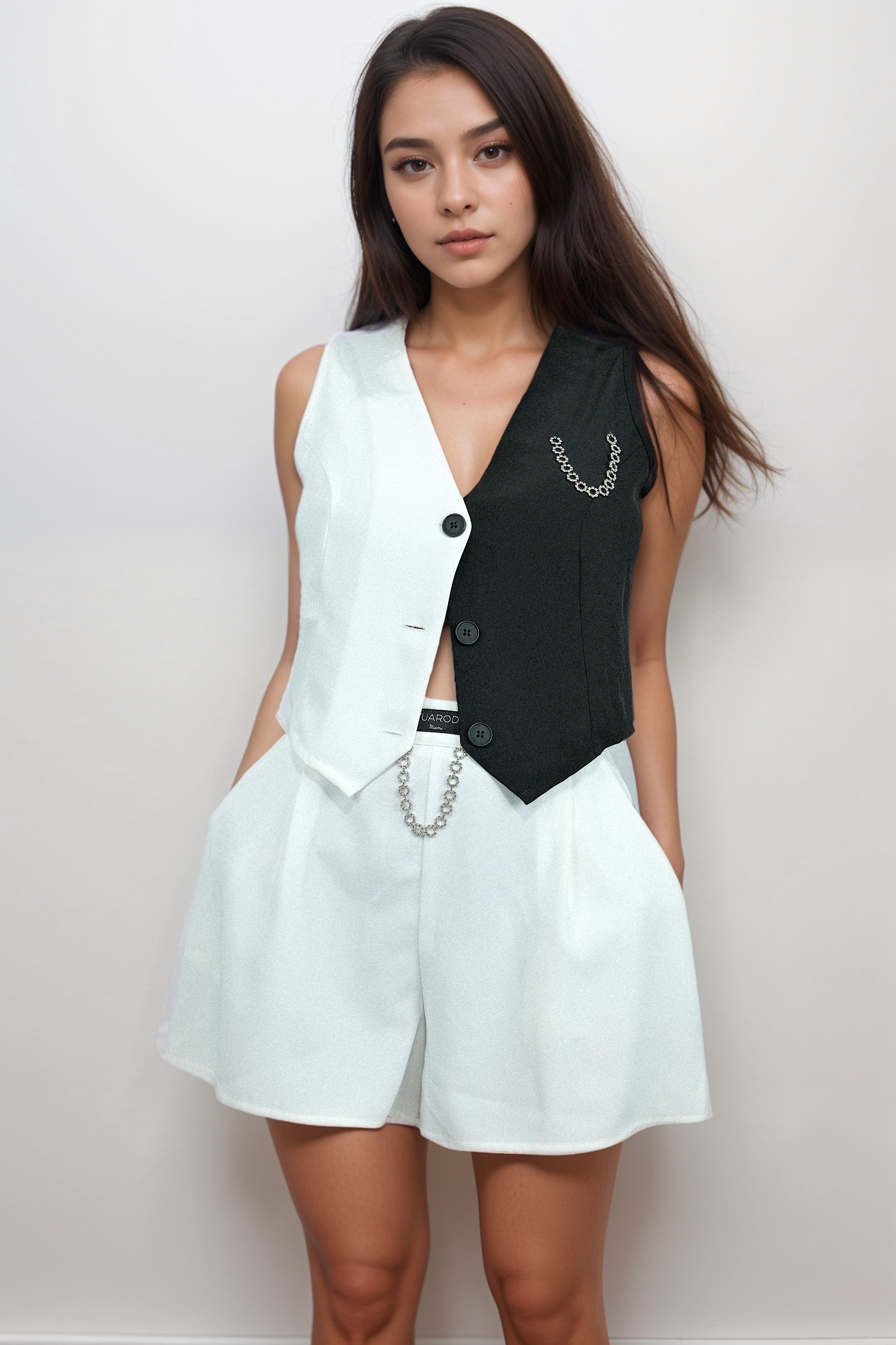 Black&White Block Vest and Shorts Outfit with Rhinestone Detail