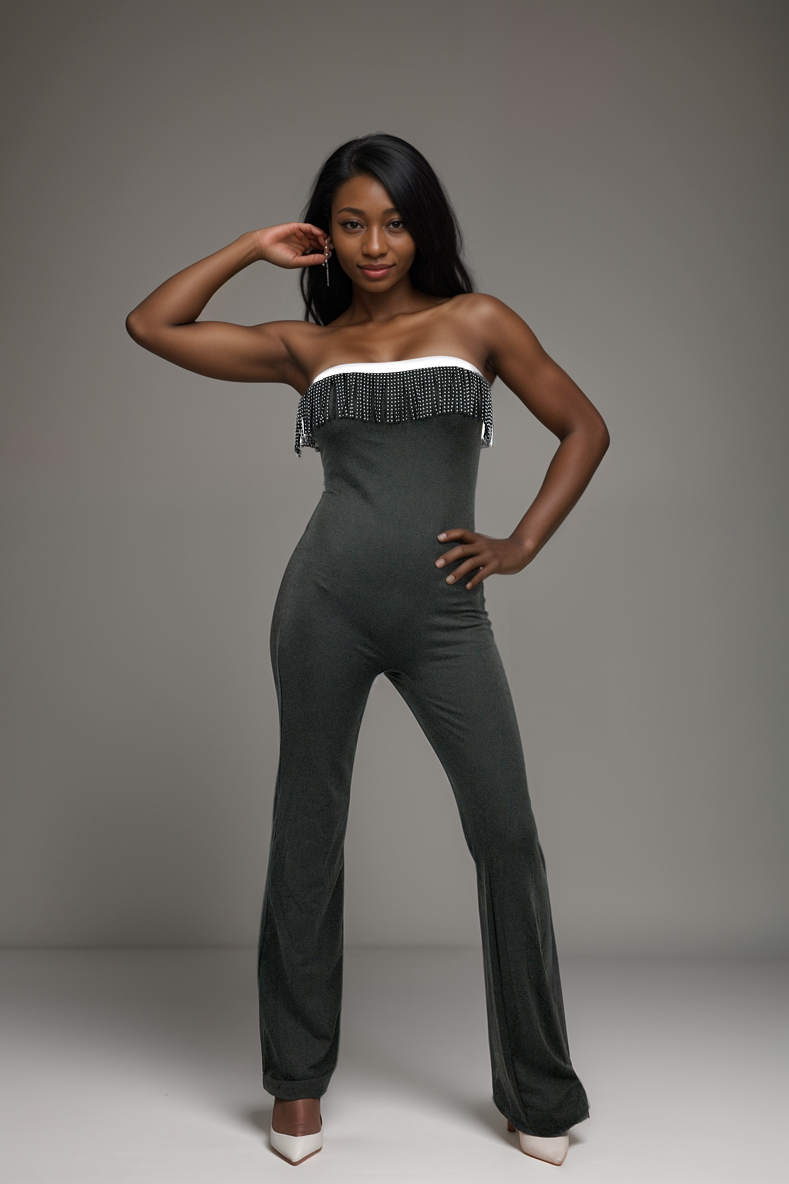 Sexy Black & White Strapless Jumpsuit with Suede Metal Stud Trim