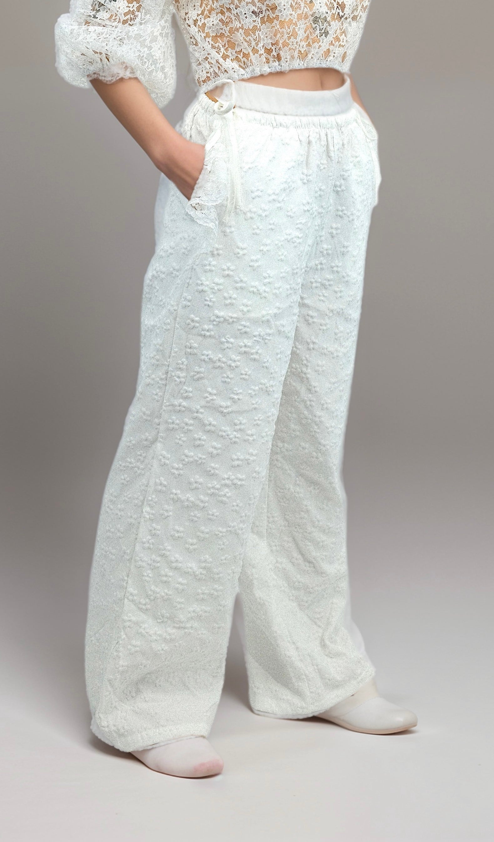 White Drawstring Knitted Long Pants with Lace Detail