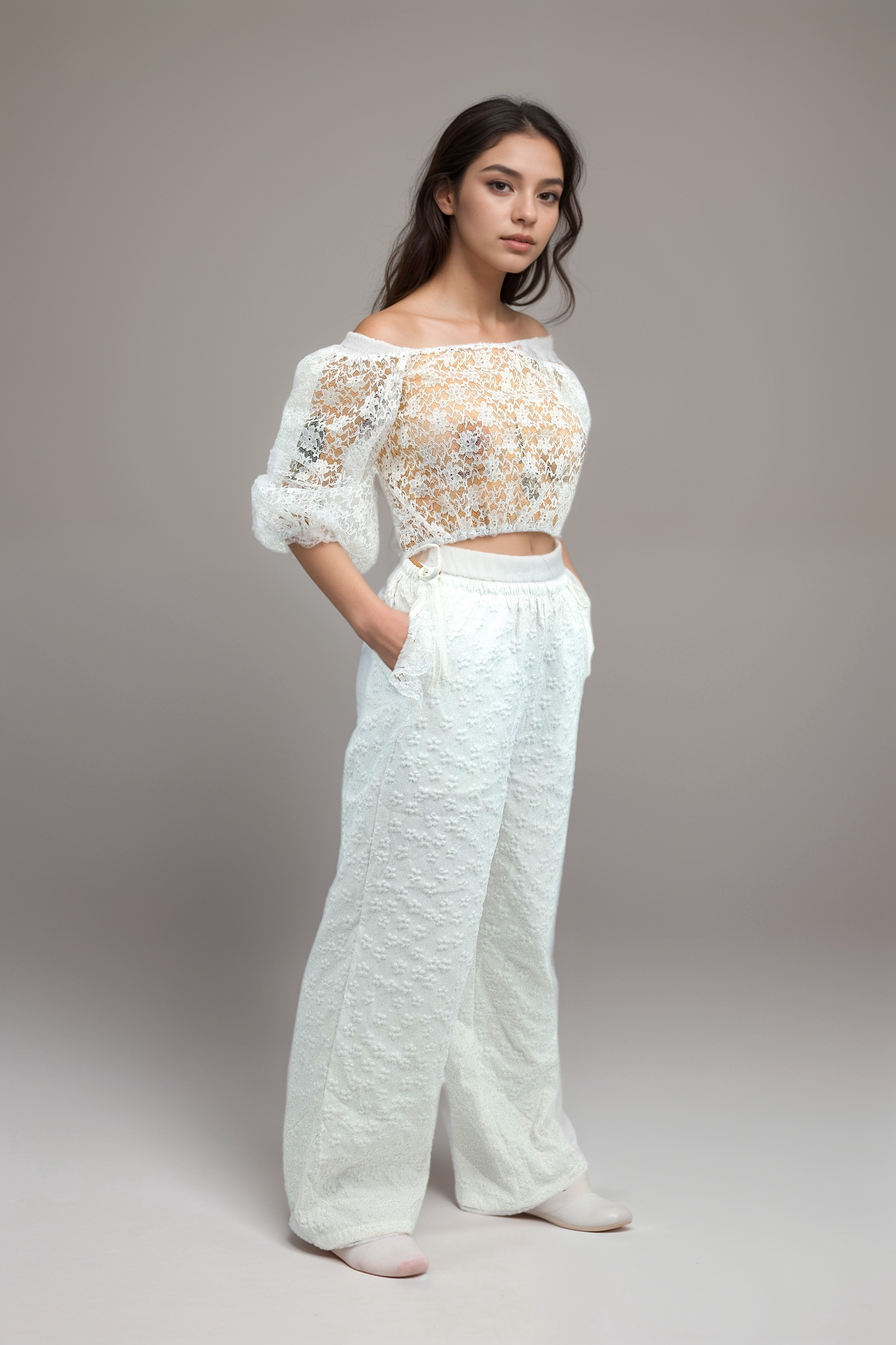 White Drawstring Knitted Long Pants with Lace Detail