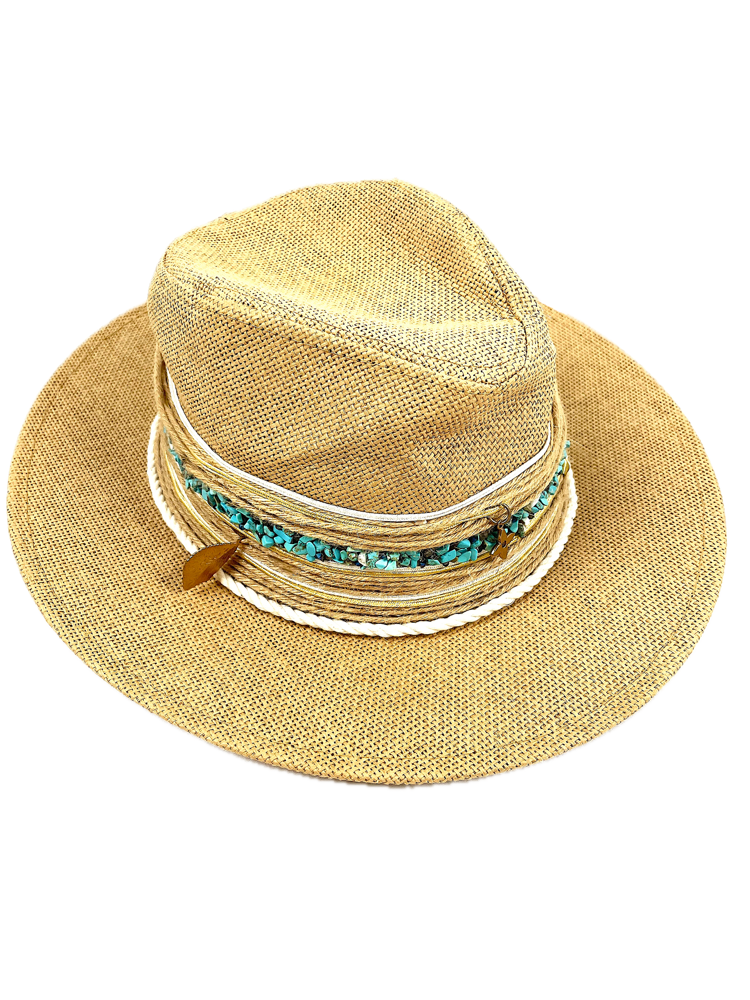 Cuban Style Hat with Natural Stones and Metal Decor